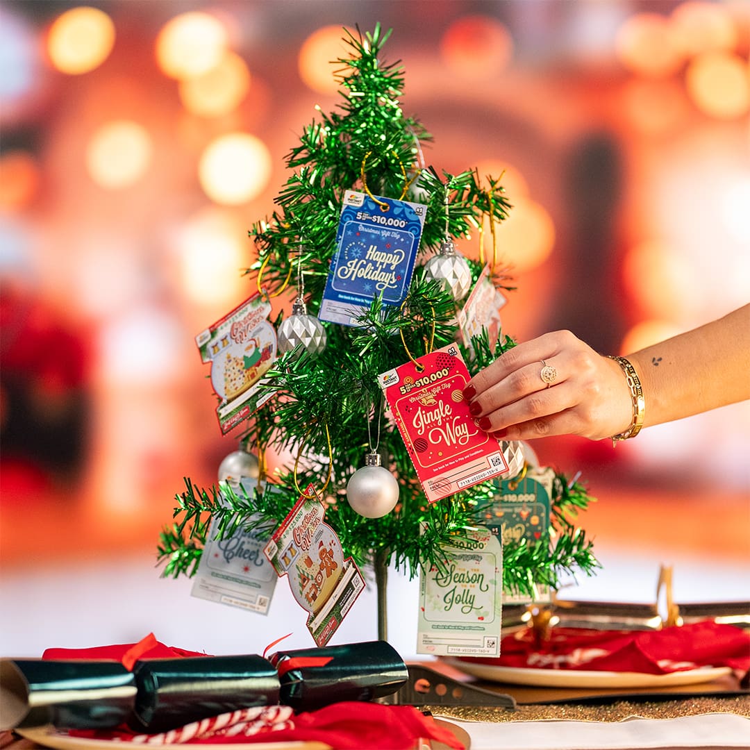 Scratchie tickets hanging on xmas tree