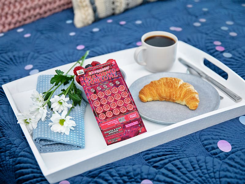 Mothers Day gift idea of scratchie ticket on breakfast tray