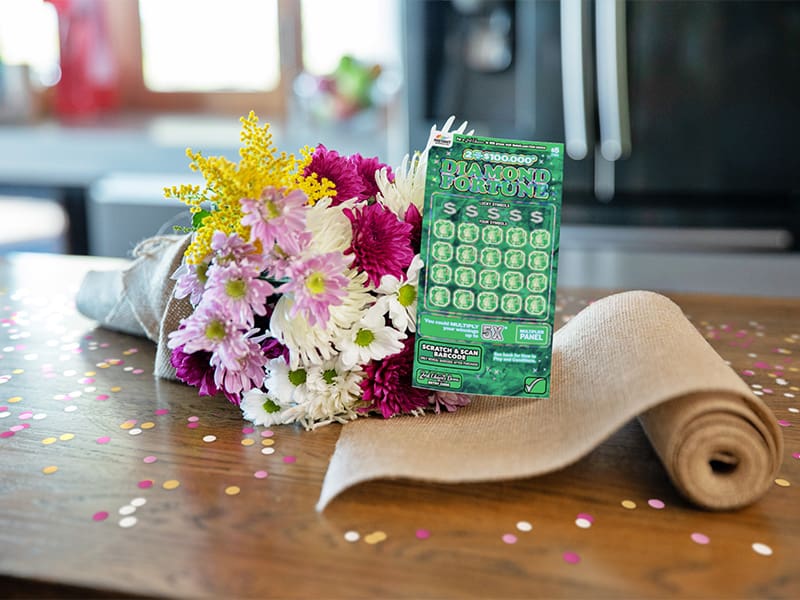 Mothers Day gift idea of scratchie ticket with flowers