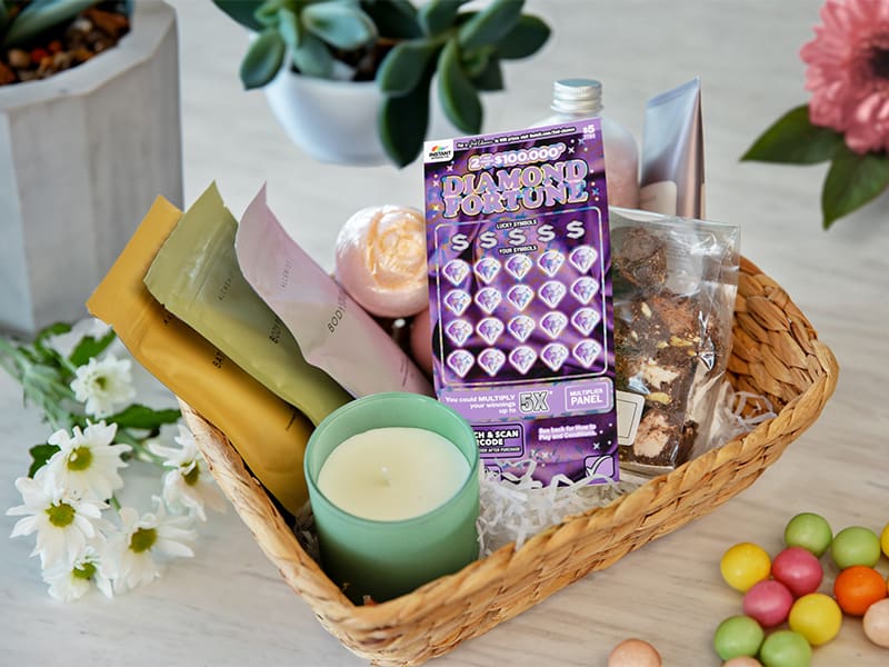 Mothers Day gift idea of scratchie ticket in a hamper
