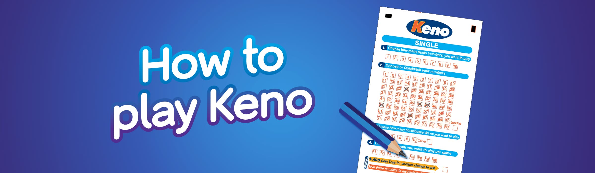 SA Lotteries - How to play Keno Blue background with How to play Keno in white text and a Keno ticket and blue pencil